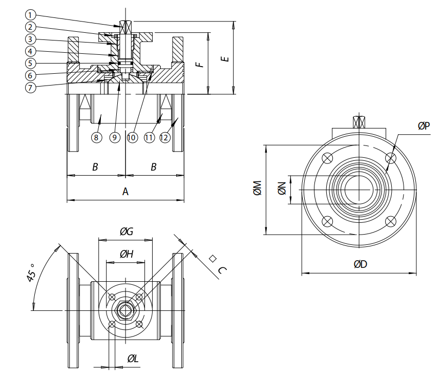 不銹鋼法蘭球閥ITEM406結構圖